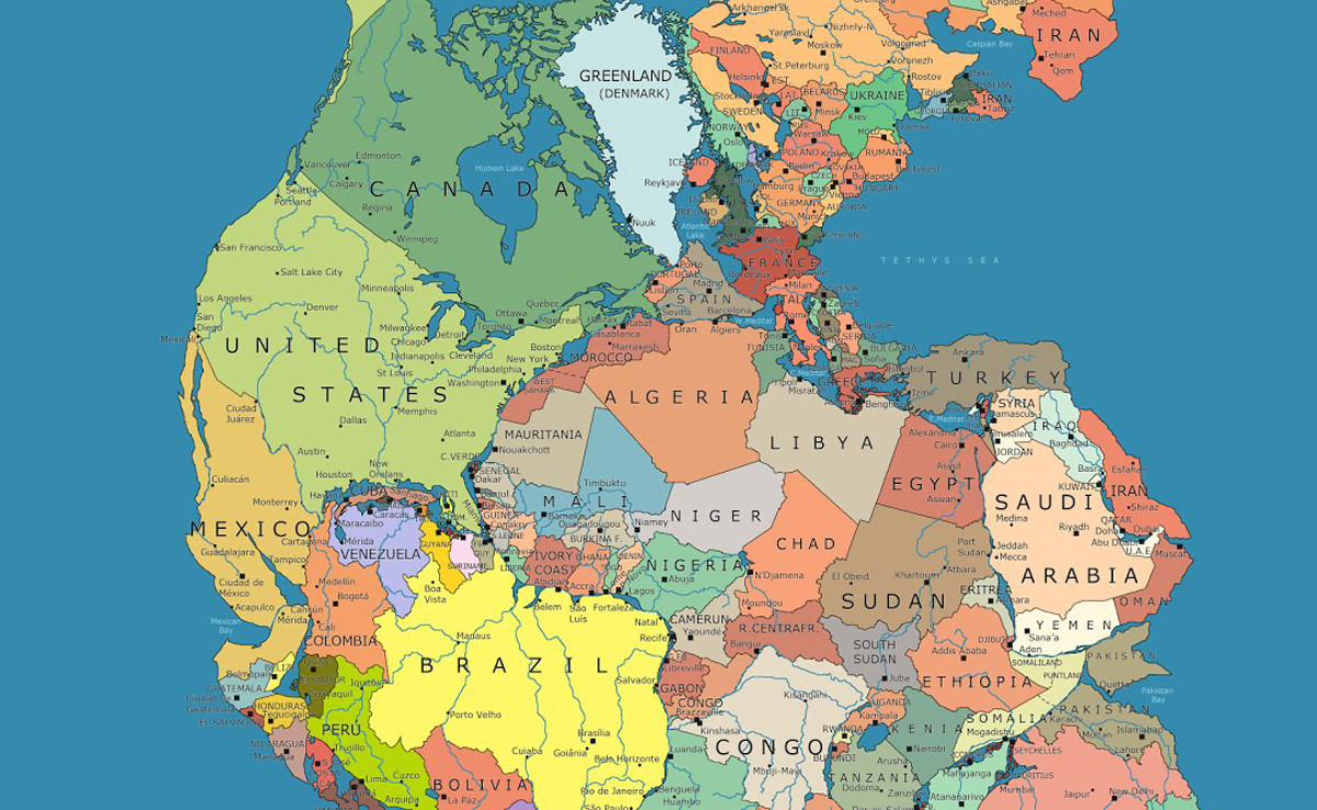 Pangea, el gigantesco continente único, redibujado en función de las fronteras del presente